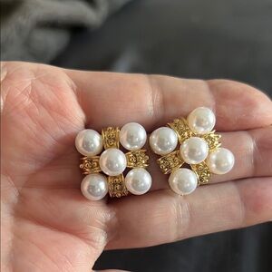 Lustrous faux Pearl and Gold-tone Cluster pierced Earrings